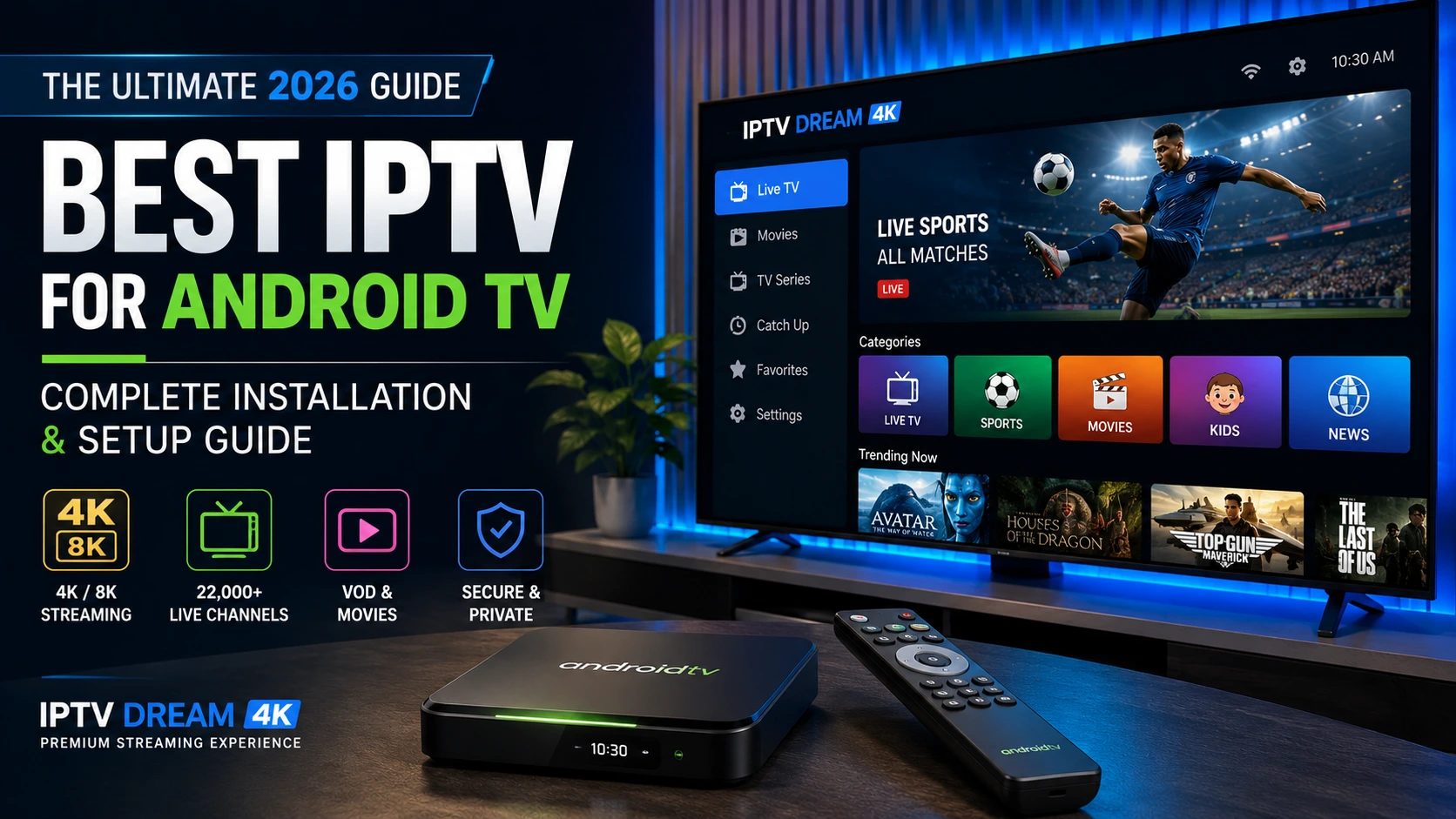 Best IPTV for Android TV 2026 setup guide showing a 4K Android TV streaming interface with IPTV apps, live TV channels, movies, and an Android TV box.